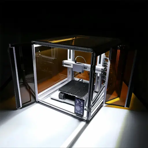 Enclosure para impresora 3D con aislamiento acústico Fotografía de una impresora 3D en un enclosure de aluminio y metacrilato, ideal para reducir vibraciones, mantener la temperatura y disminuir el ruido durante la impresión.