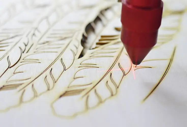 Favism3D: Grabado láser personalizado en madera para arte, decoración y regalos únicos. Máquina de grabado láser creando patrones de plumas personalizados sobre madera con alta precisión.